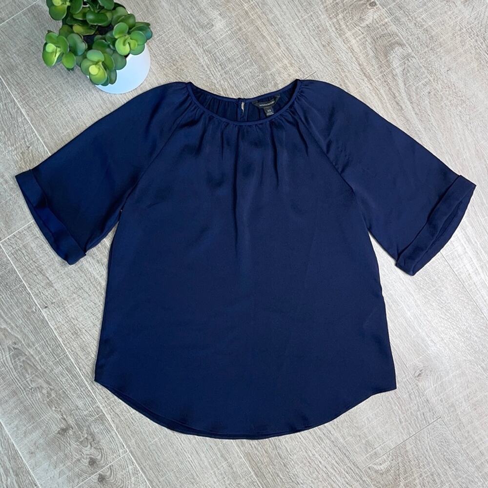 BANANA REPUBLIC Women's Navy Blue Gathered Short Sleeve Keyhole Blouse